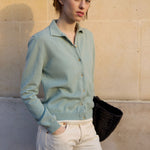Polo neck cashmere cardigan women aqua blue | Gunilla | Linnea Lund