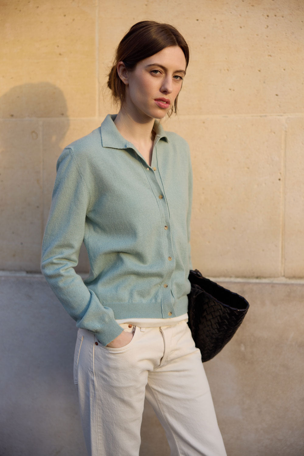 Polo neck cashmere cardigan women aqua blue | Gunilla | Linnea Lund