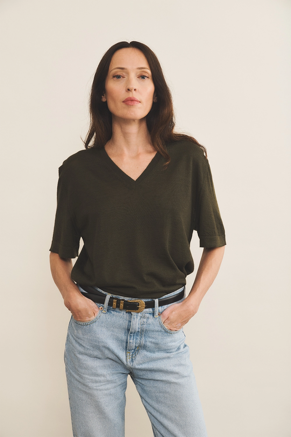 kaki cashmere tee shirt women - front view | Magnus | Linnea Lund