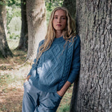Denim blue cable knit cashmere sweater for women - worn | Mila | Linnea Lund