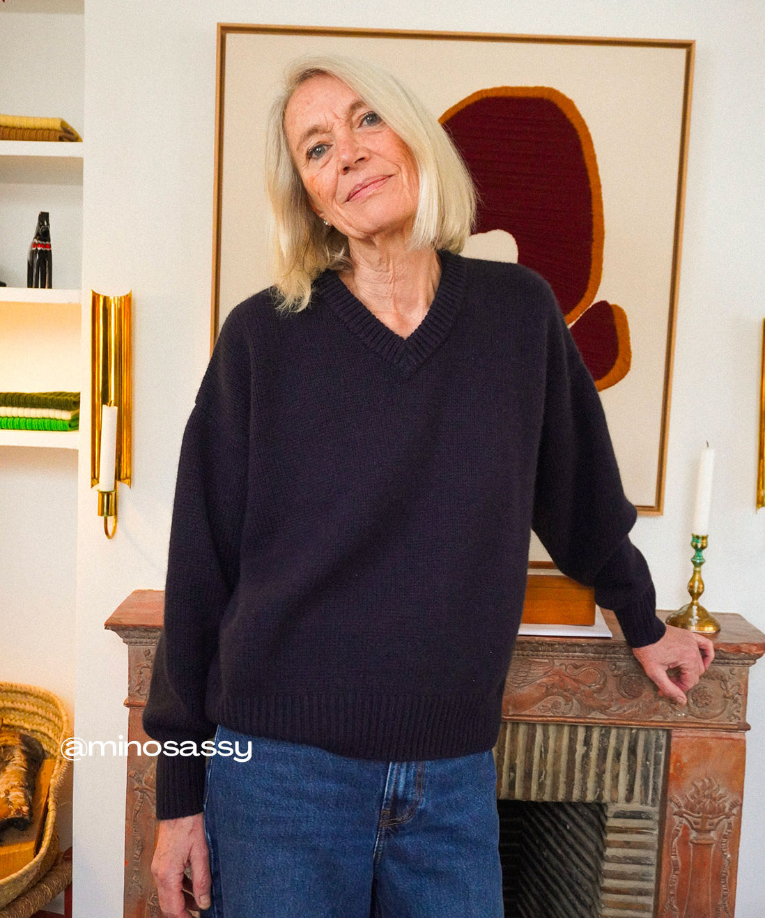 Mino Sassy wearing the Linnea Lund cashmere sweater Emilie