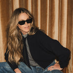 Midnight blue cashmere bomber - side | Elle Macpherson x Linnea Lund