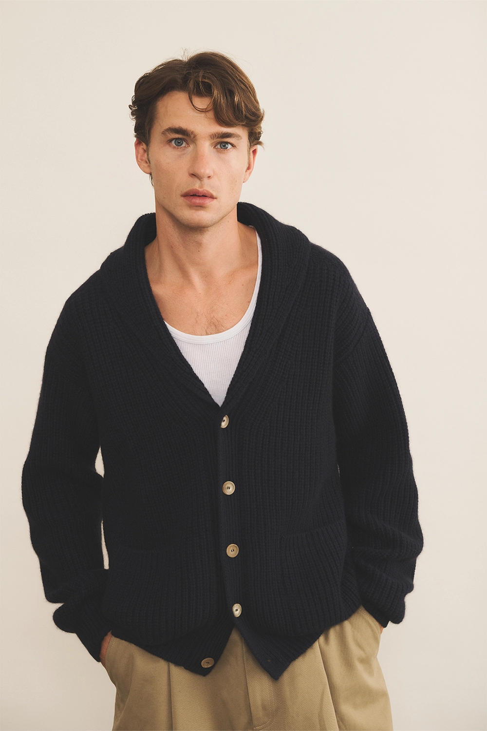 navy blue cashmere cardigan men - front view | Philippe | Linnea Lund