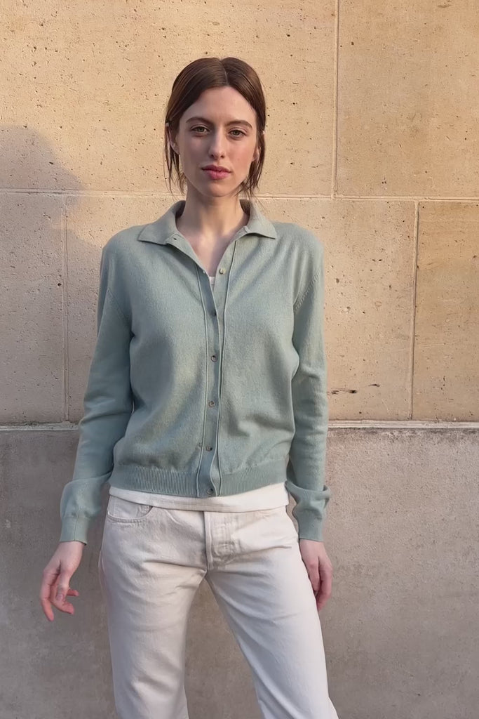 Polo neck cashmere cardigan women aqua blue | Gunilla | Linnea Lund