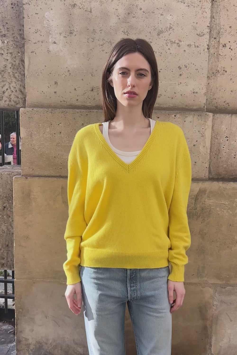 Yellow deep v neck cashmere sweater for women | Cadaques | Linnea Lund