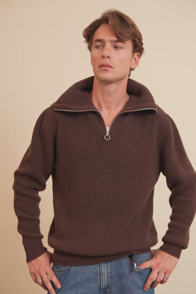 Zip collar dark brown cashmere sweater for men - video | Sam | Linnea Lund