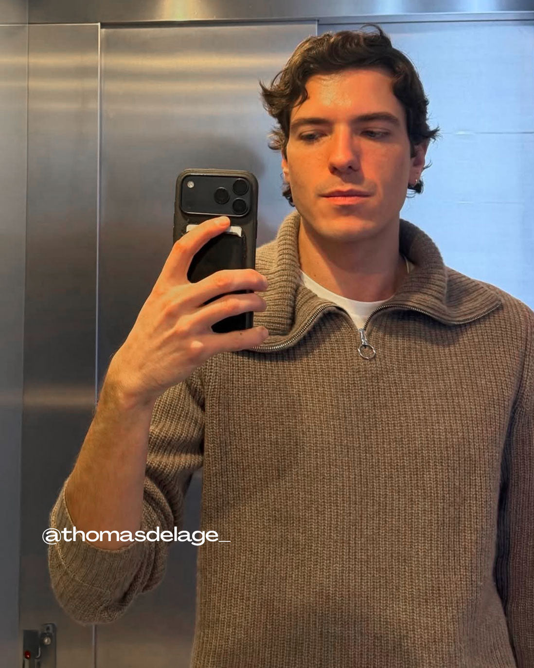 Thomas Delage wearing the Linnea Lund cashmere sweater Sam