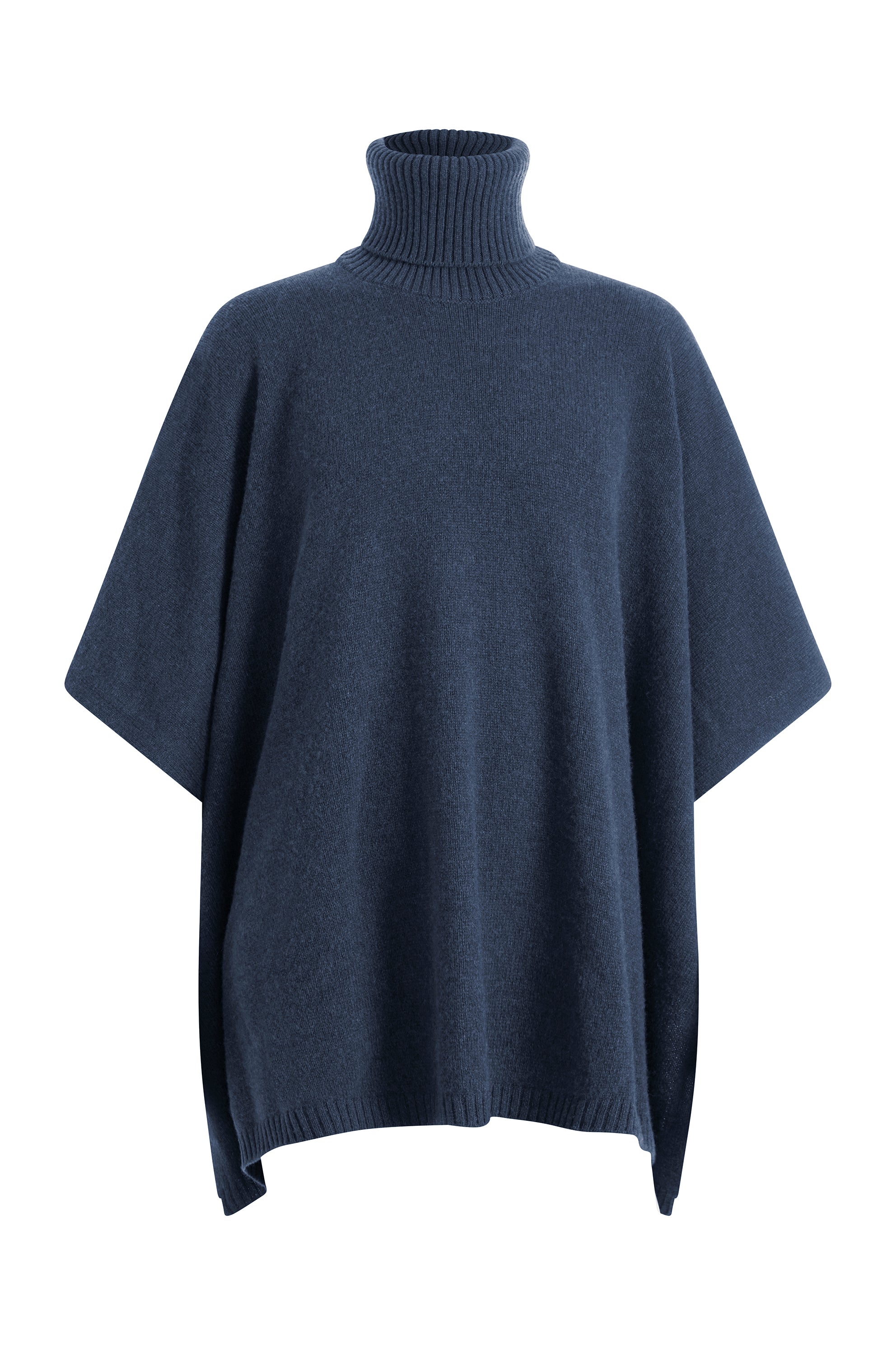 dark blue cashmere poncho with turtle neck.