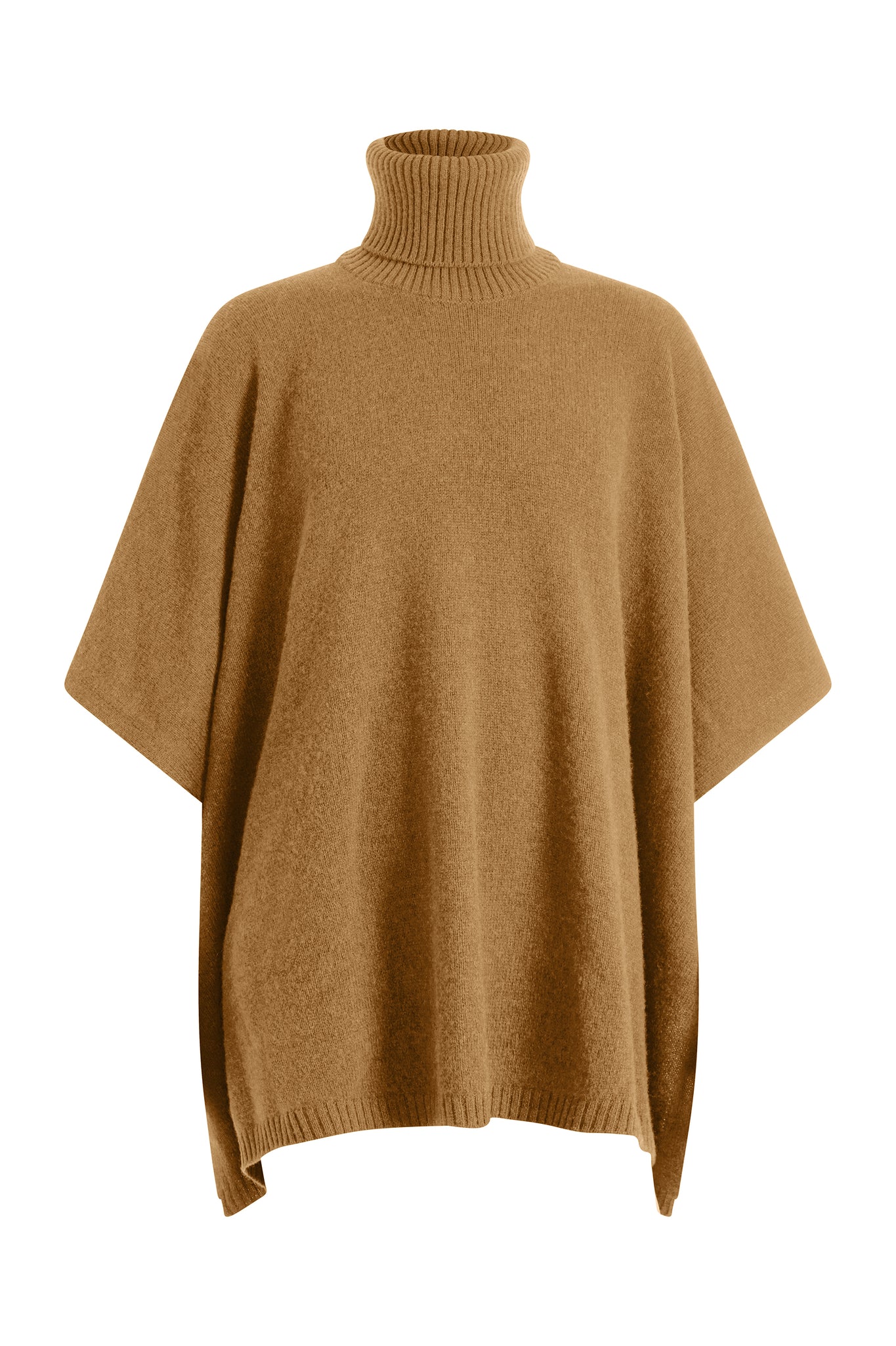 Brown cashmere poncho with turtleneck collar.