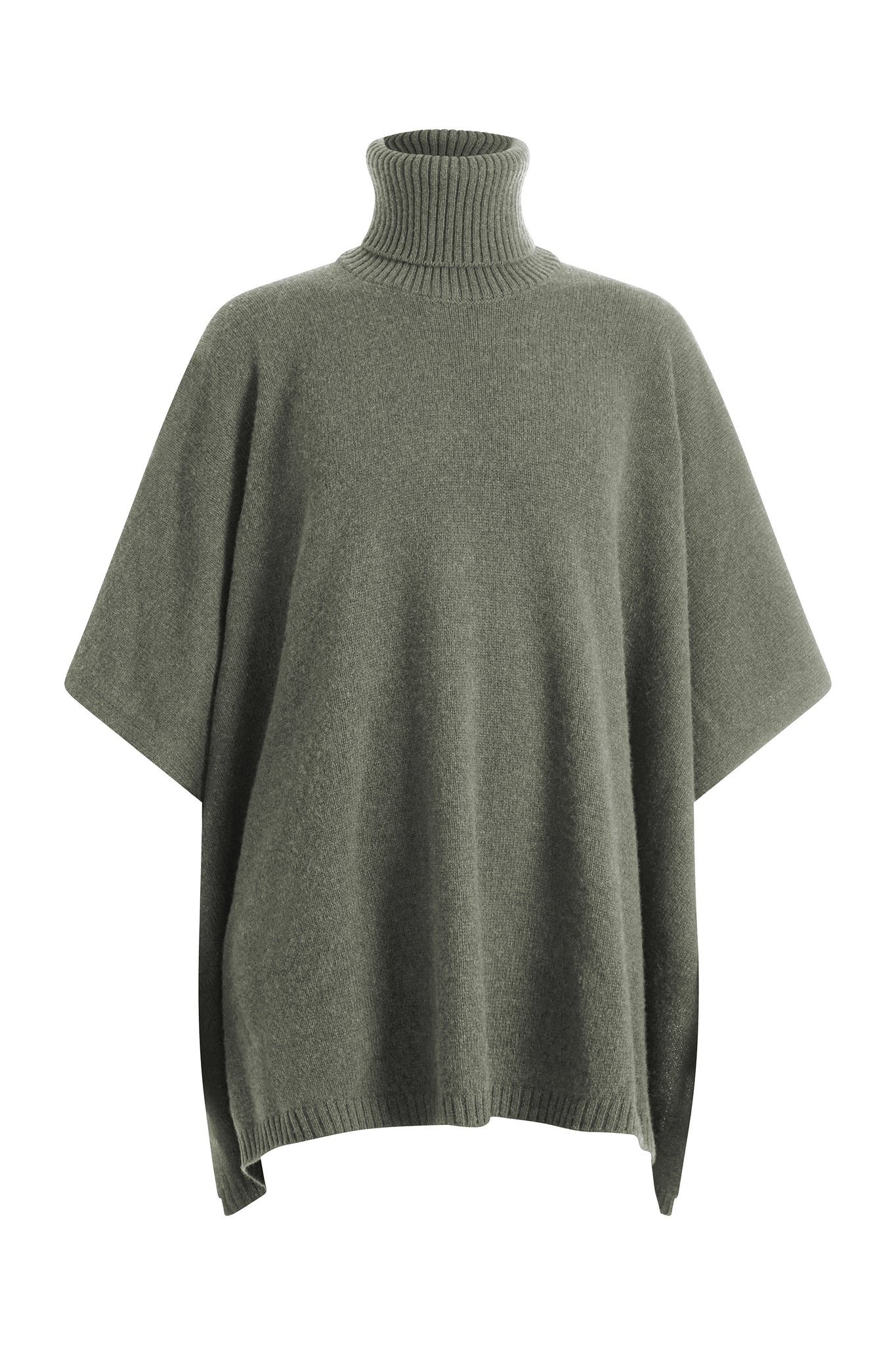 Grey Green cashmere poncho with turtle neck collar