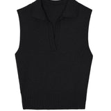 Black Sleeveless cashmere top with polo collar