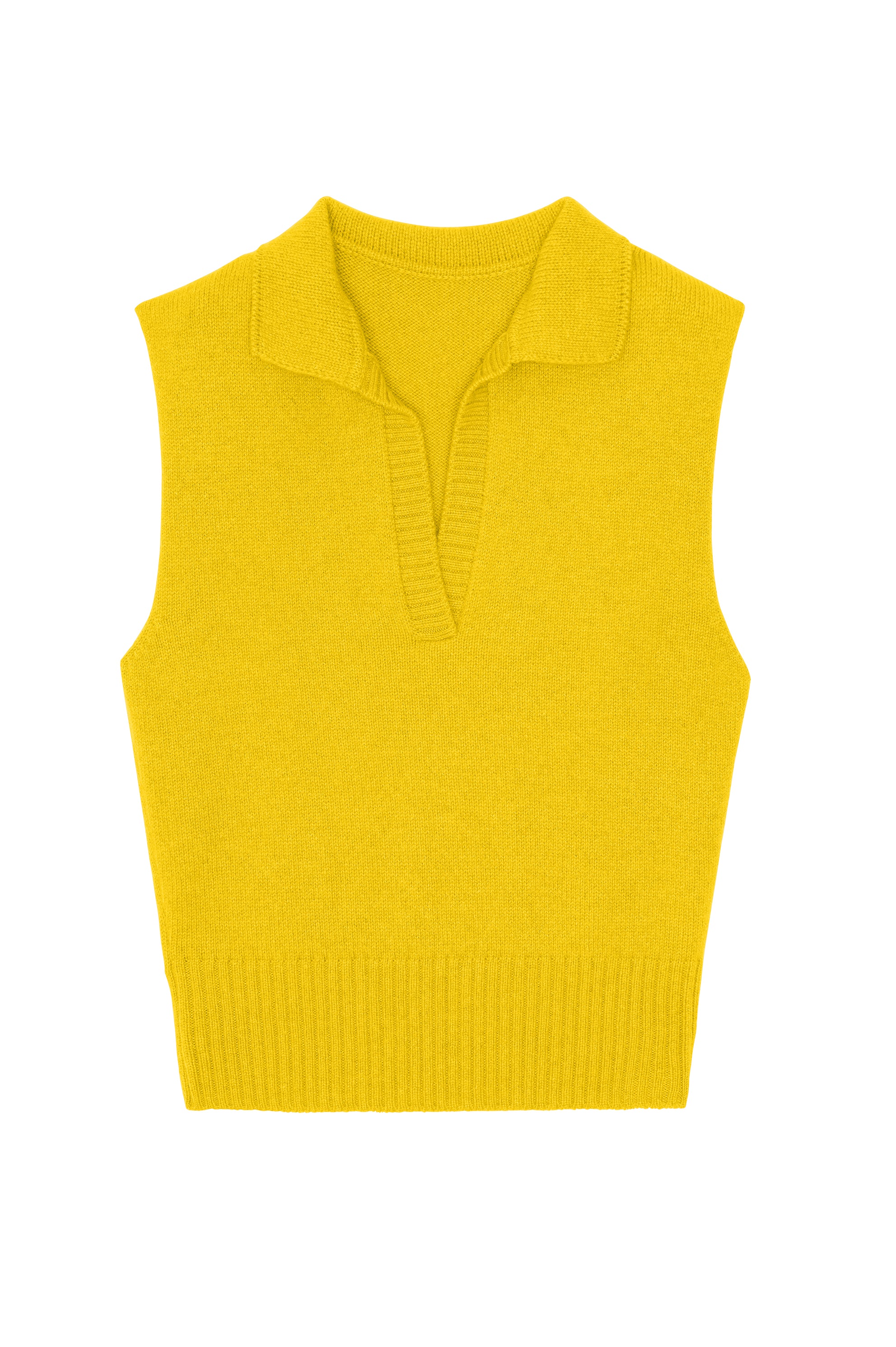 Bright yellow Sleeveless cashmere top with polo collar