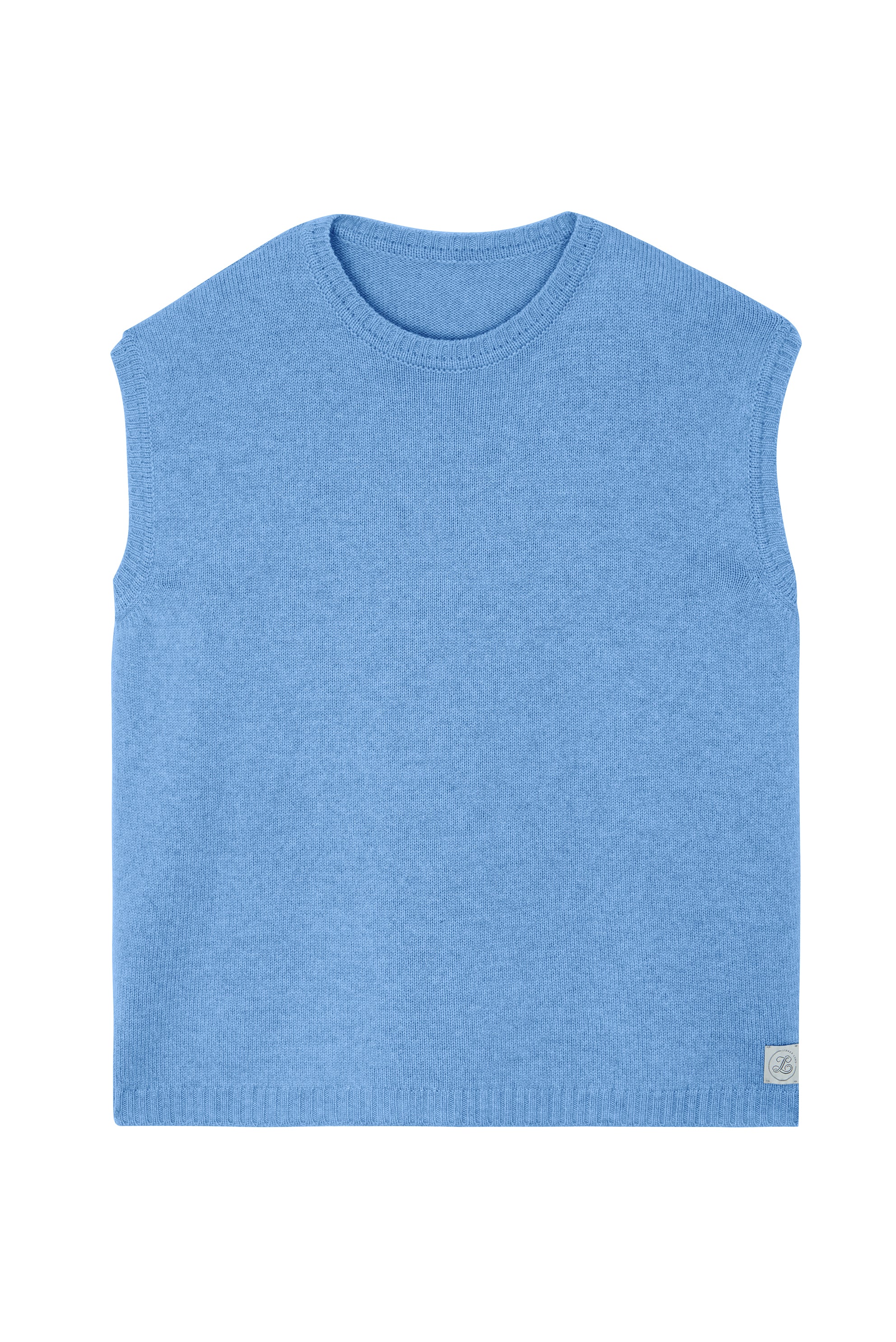 Bright pastel blue sleeveless cashmere sweater for layering