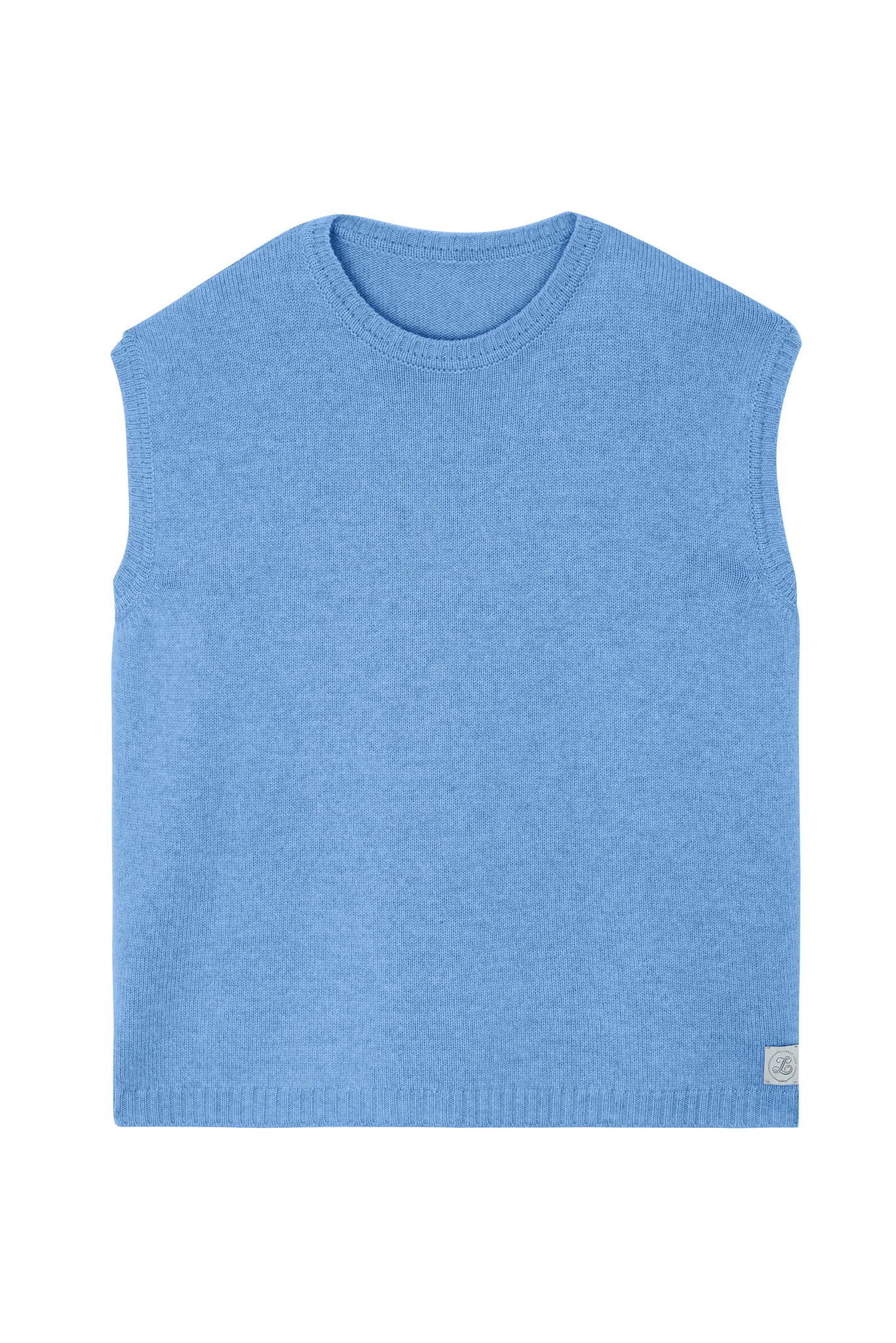 Bright pastel blue sleeveless cashmere sweater for layering