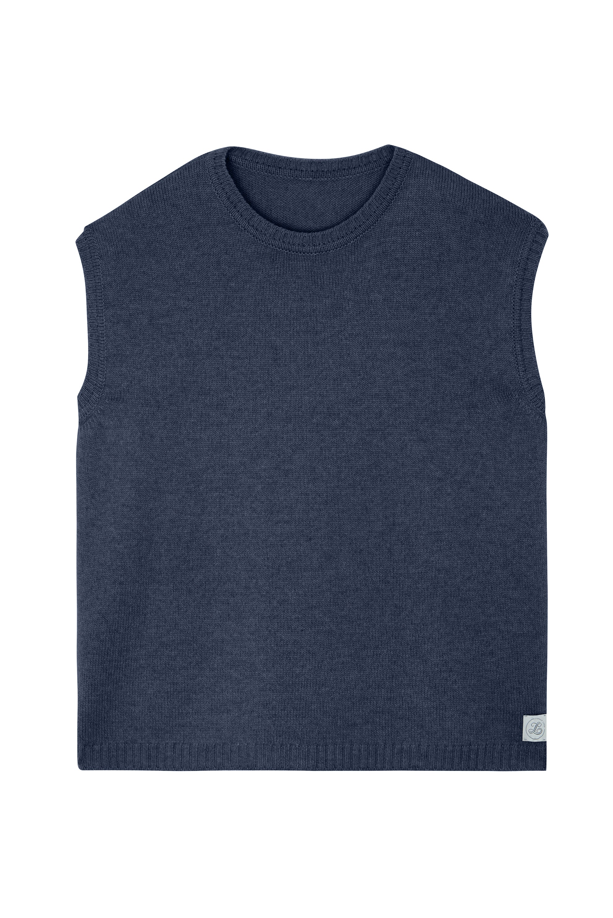 Blue sleeveless cashmere sweater for layering.