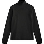 Black cashmere turtle neck with deep modified drop sleeves.