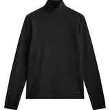Black cashmere turtle neck with deep modified drop sleeves.