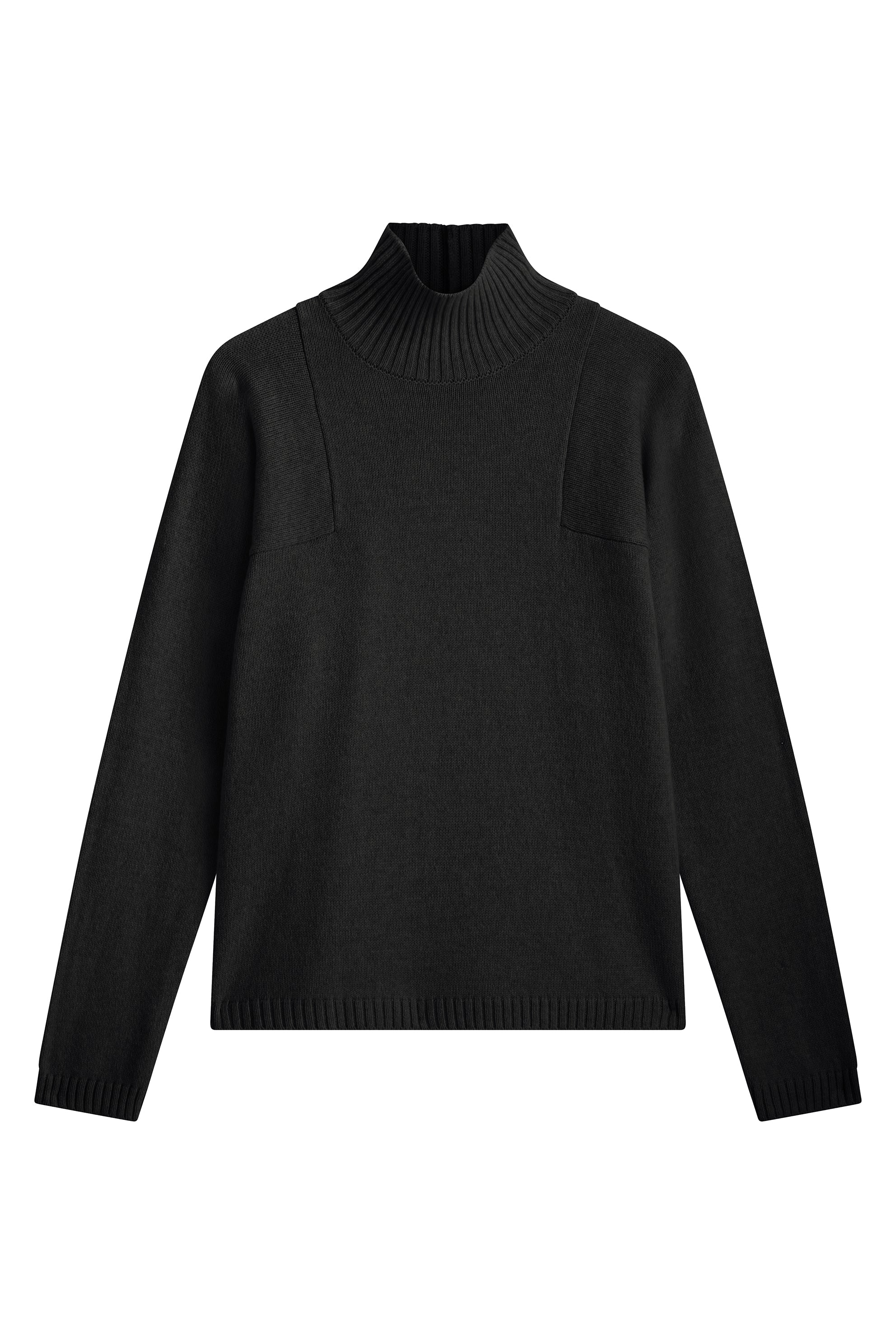 Black cashmere turtle neck with deep modified drop sleeves.