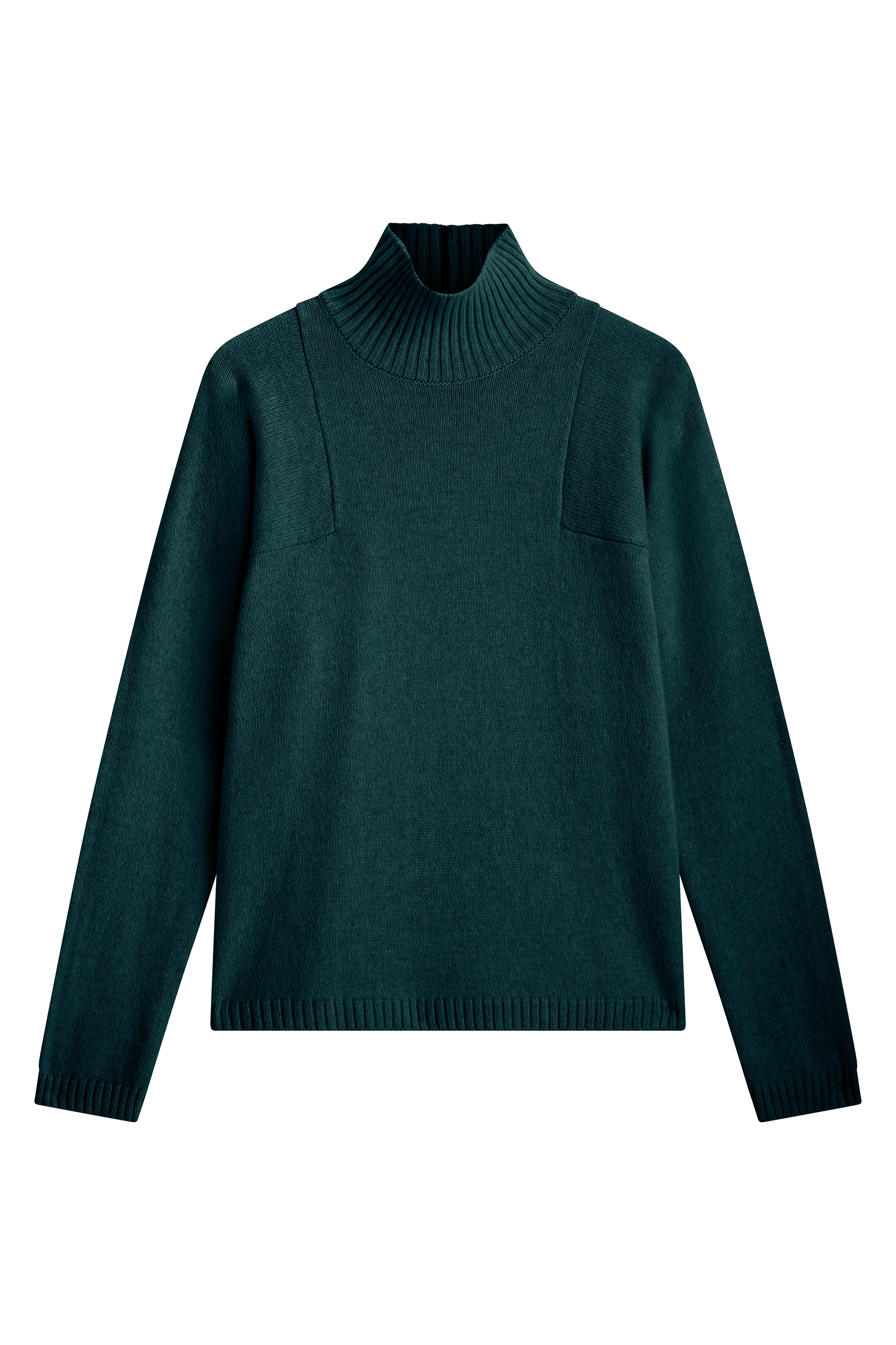 deep green cashmere turtle neck with deep modified drop sleeves