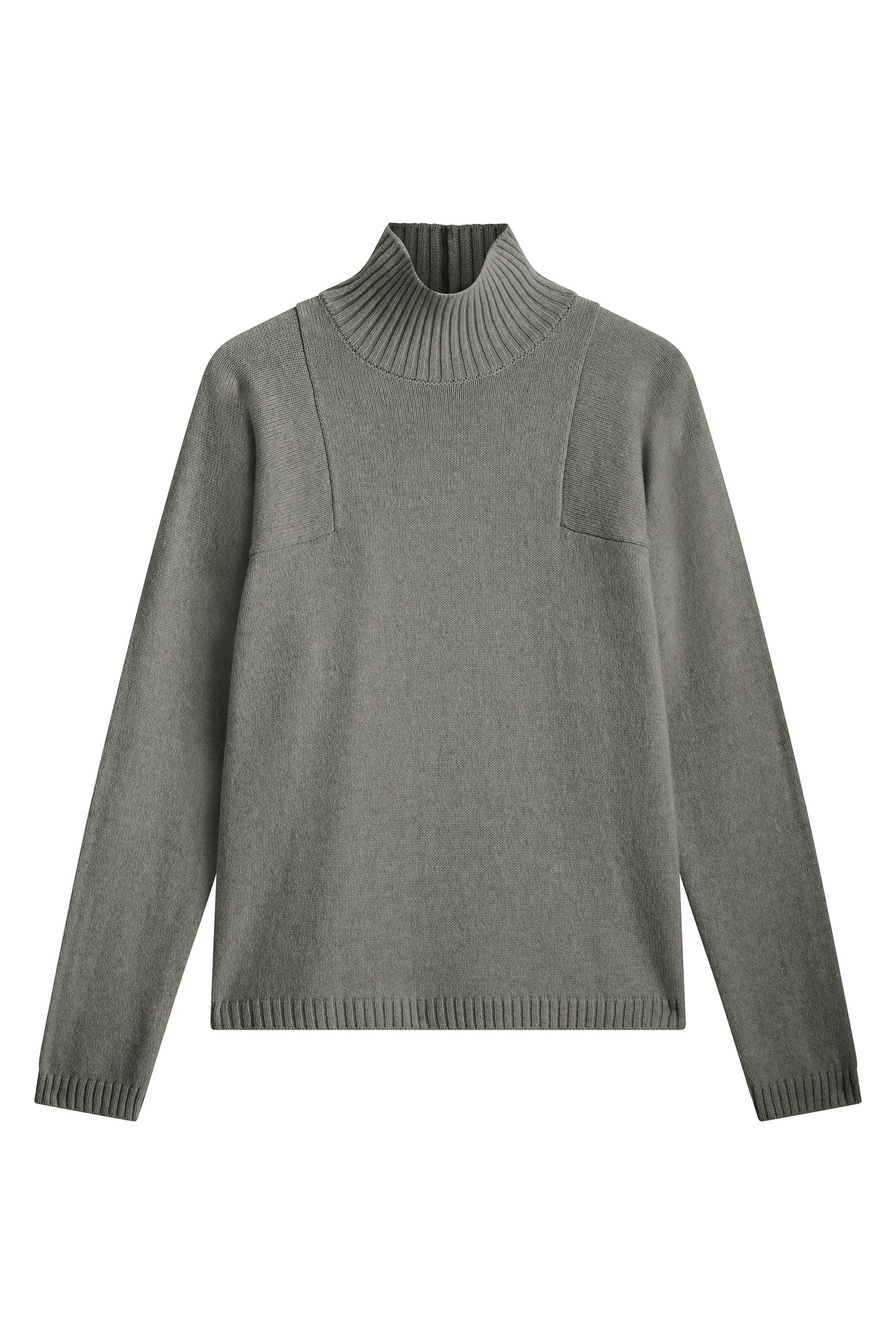 gray cashmere turtle neck with deep modified drop sleeves.