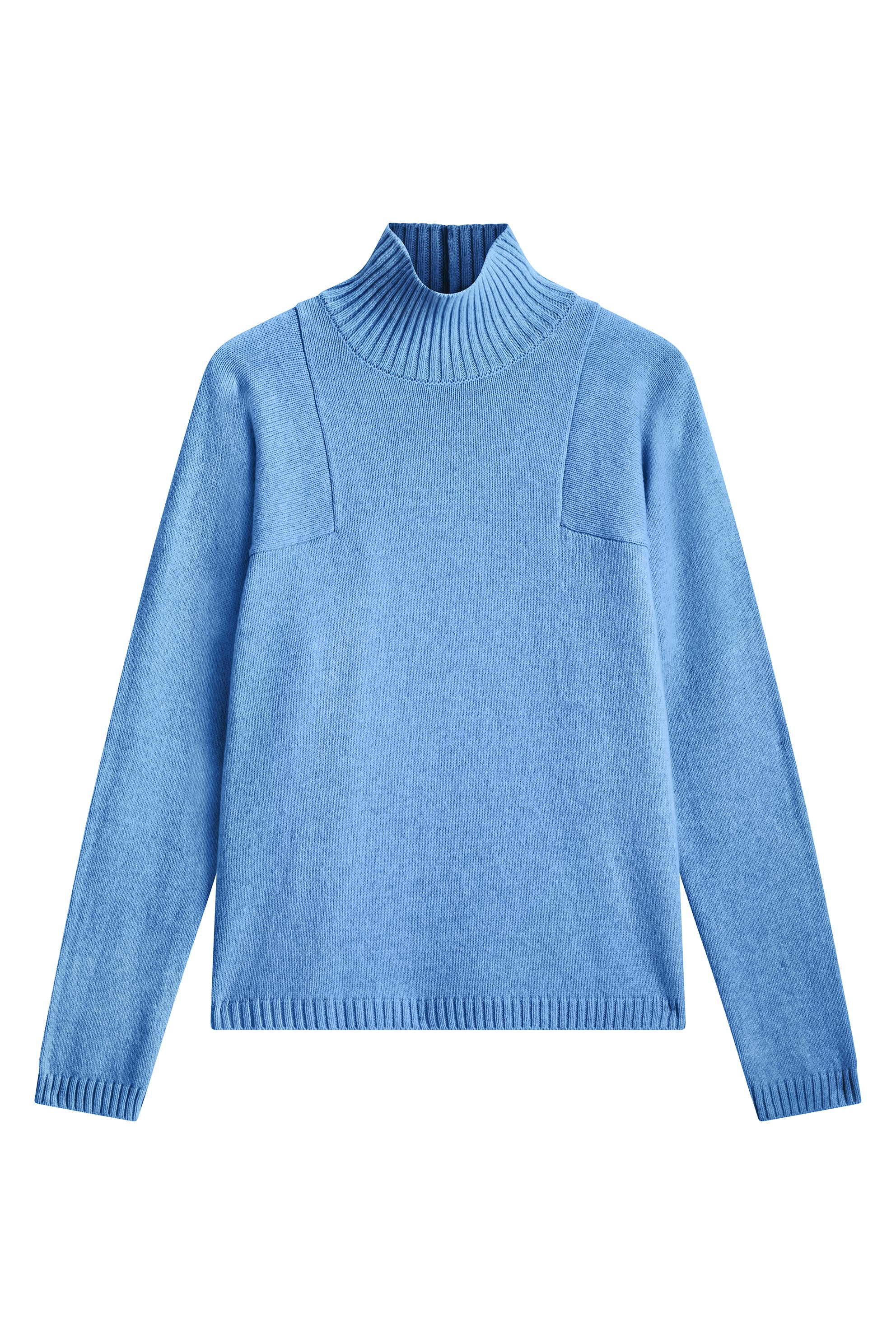 light blue cashmere turtle neck with deep modified drop sleeves