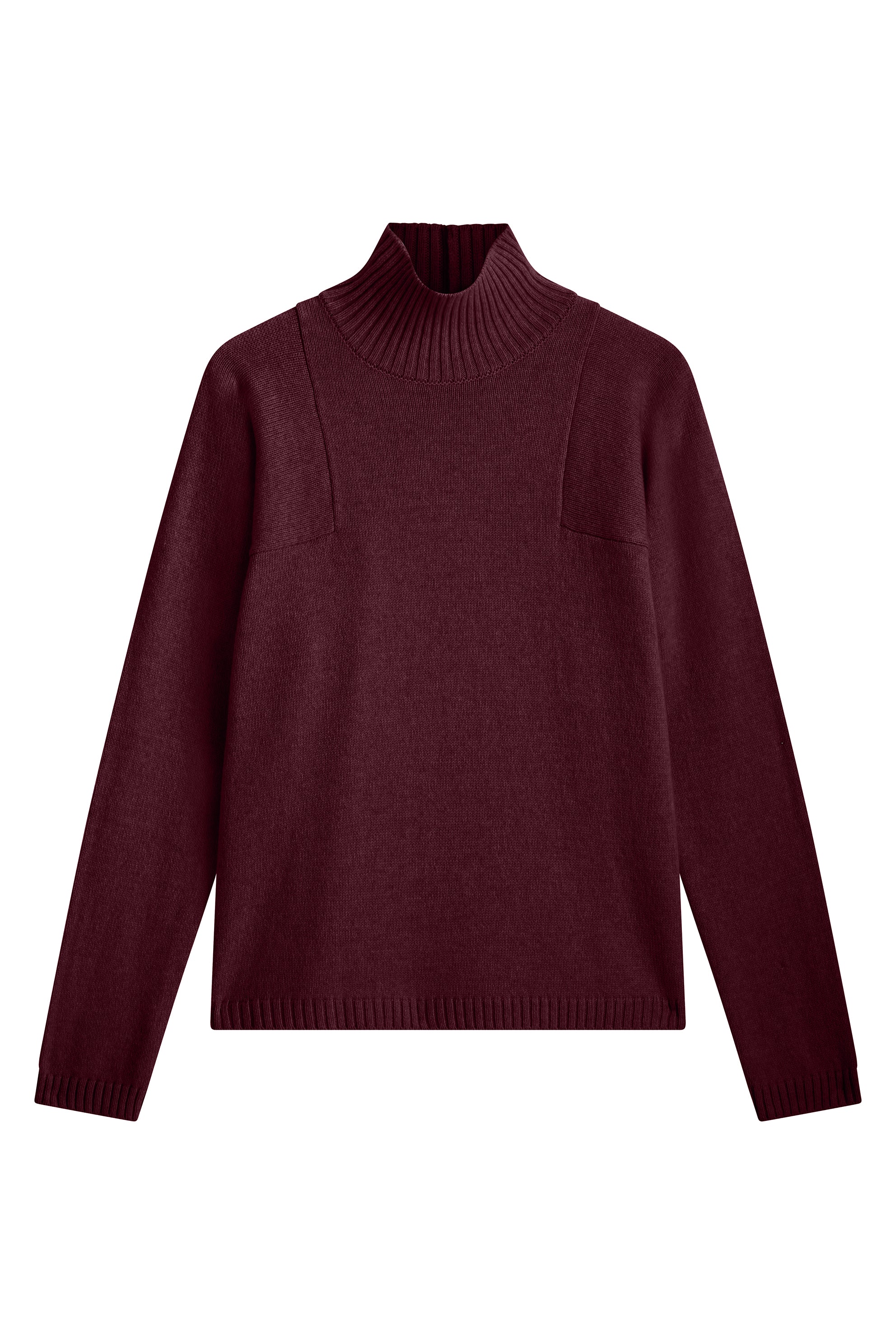 Wine red cashmere turtle neck with deep modified drop sleeves