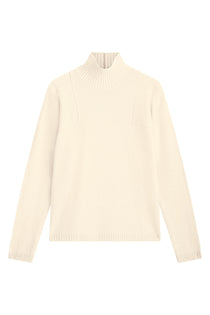 White cashmere turtle neck with deep modified drop sleeves