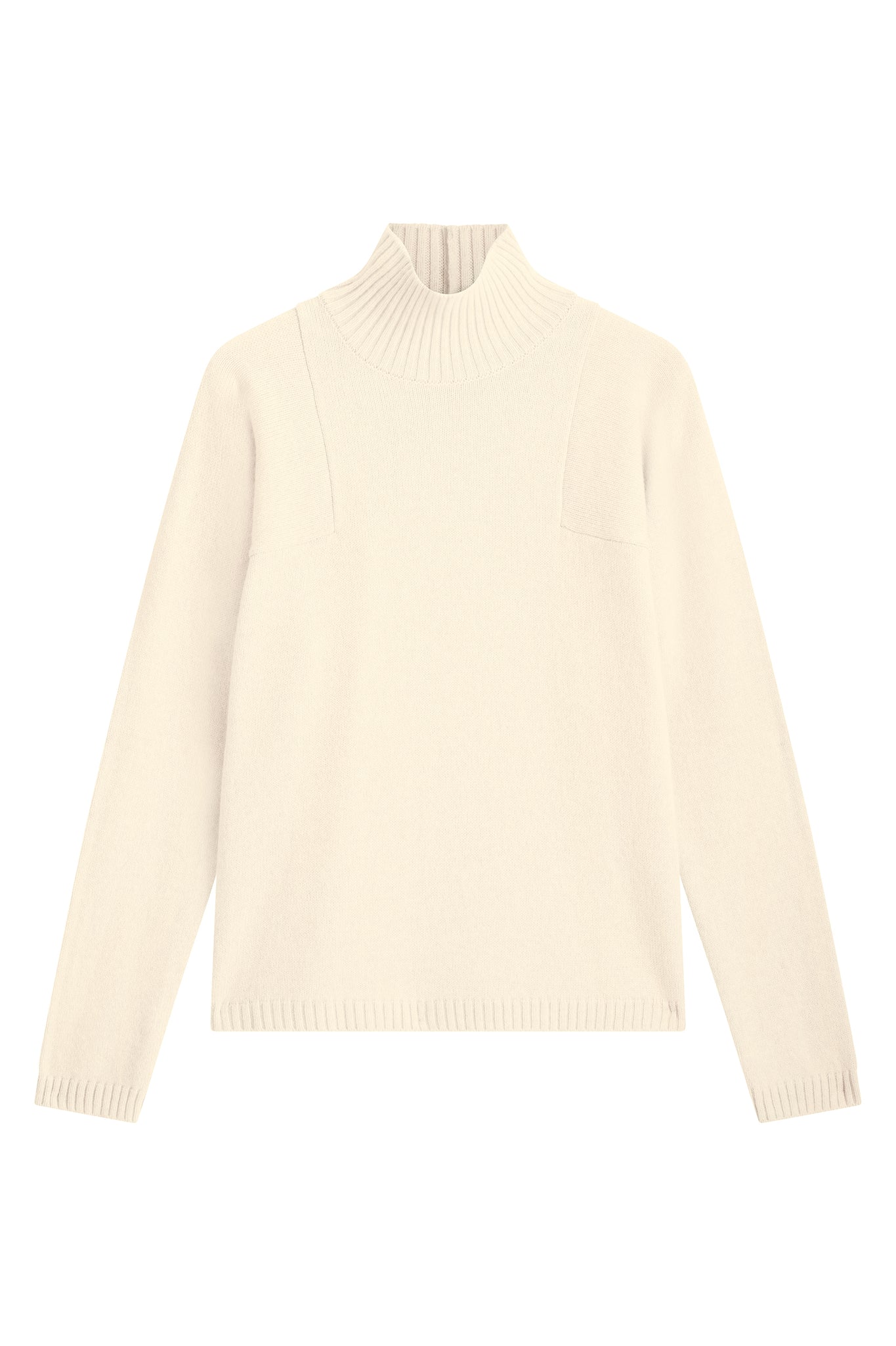 White cashmere turtle neck with deep modified drop sleeves