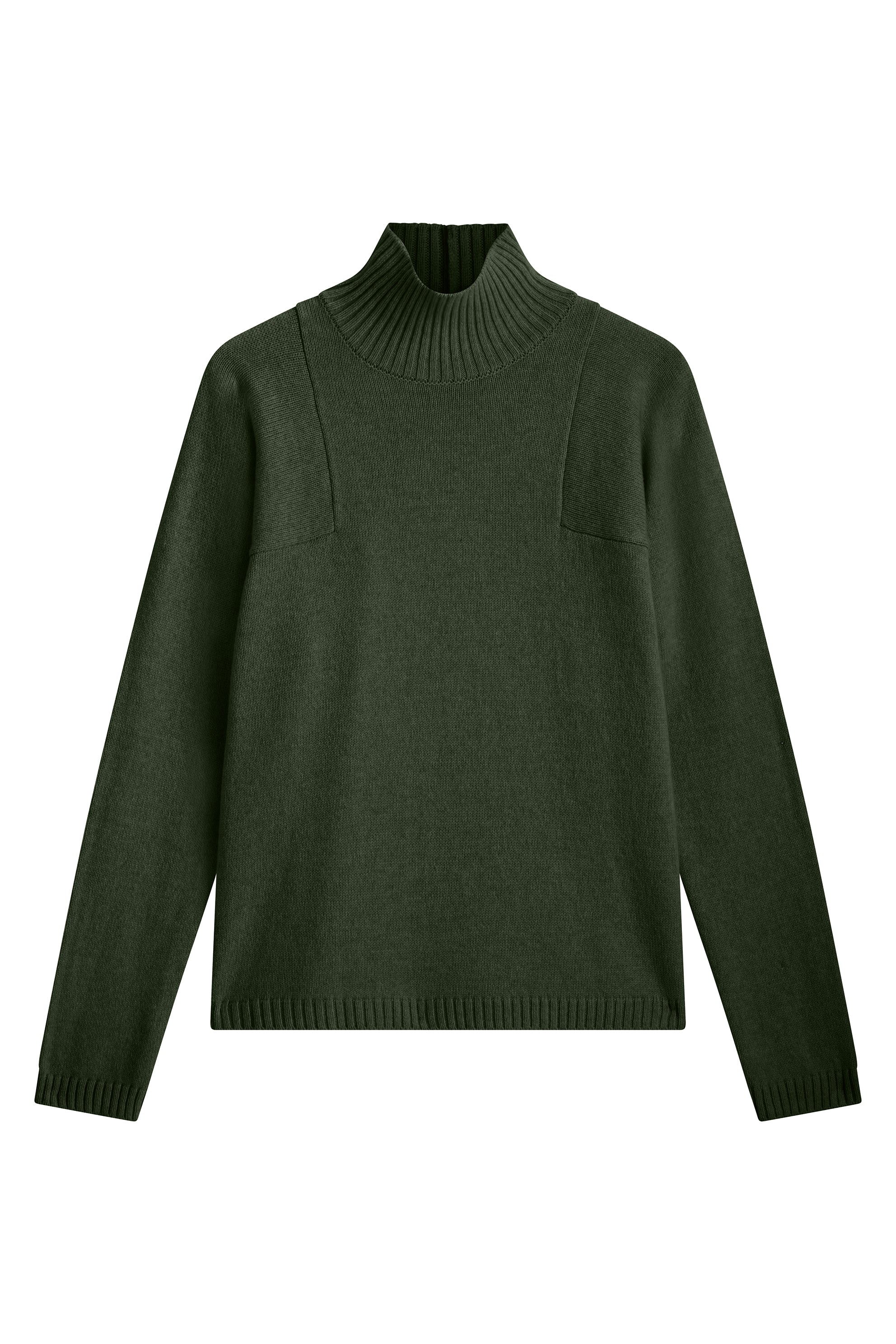 Dark green cashmere turtle neck with deep modified drop sleeves