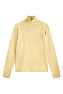 pastel yellow cashmere turtle neck with deep modified drop sleeves