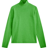 bright green cashmere turtle neck with deep modified drop sleeves