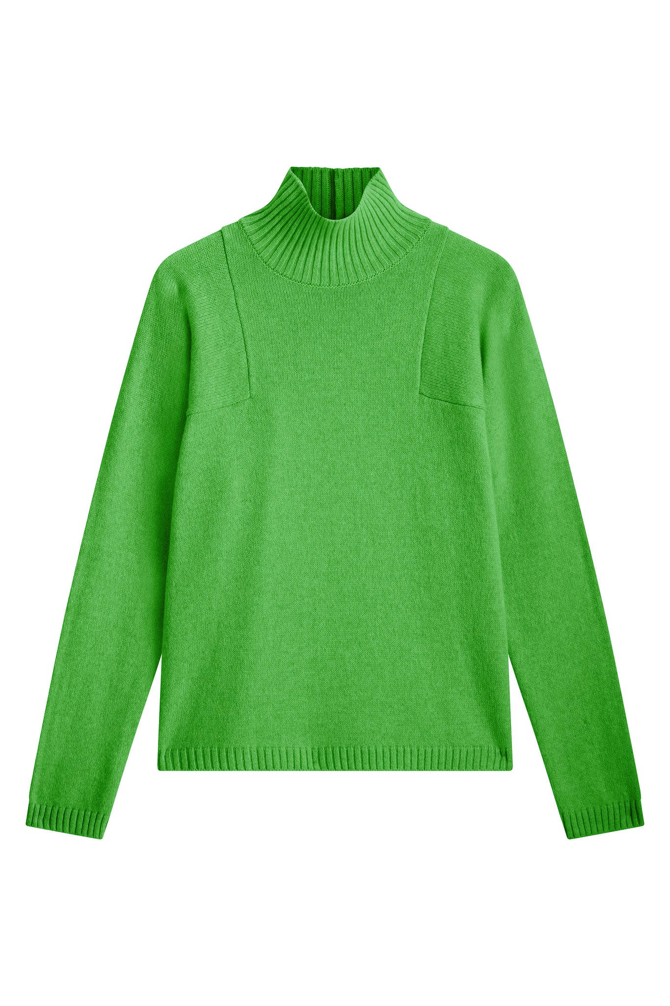 bright green cashmere turtle neck with deep modified drop sleeves