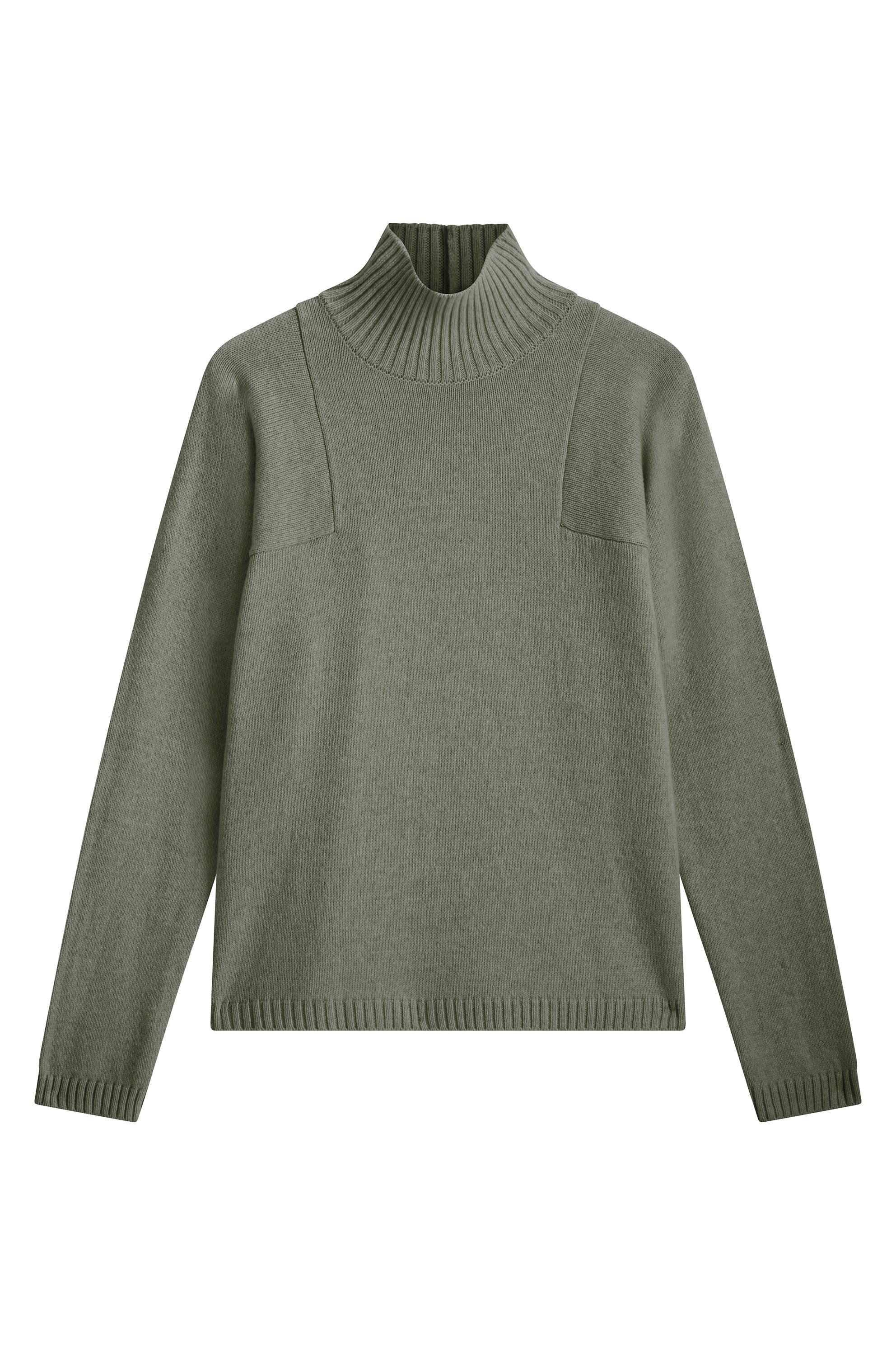 Greyish green cashmere turtle neck with deep modified drop sleeves