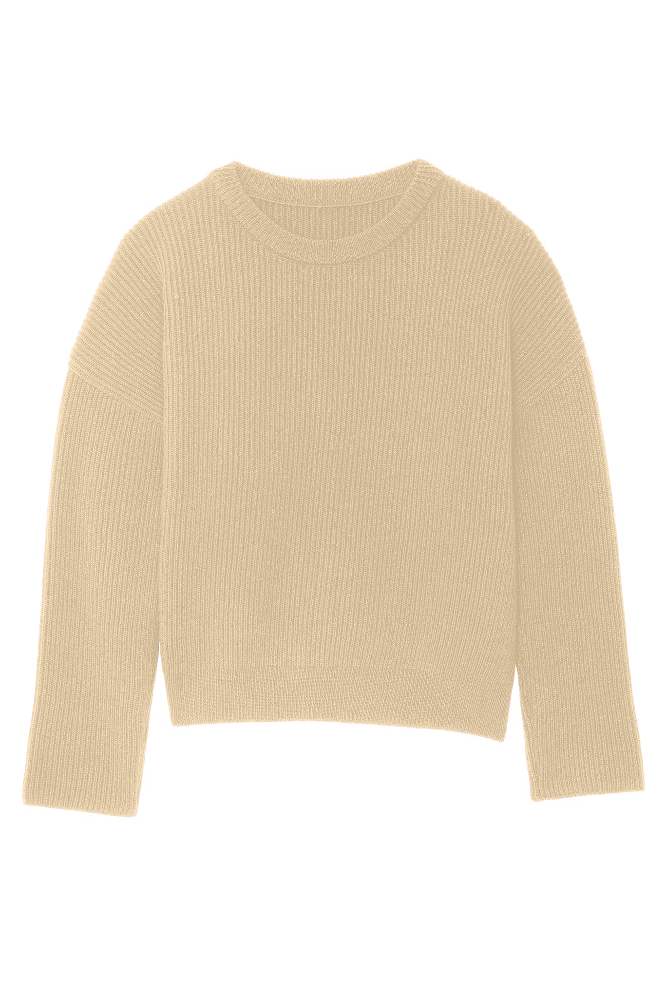 Ribbed cashmere sweater with circular neckline.