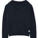 Dark navy unisex cashmere sweater featuring a v-neckline, ribbed collar, loose fitting.