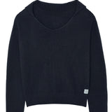 Dark navy unisex cashmere sweater featuring a v-neckline, ribbed collar, loose fitting.