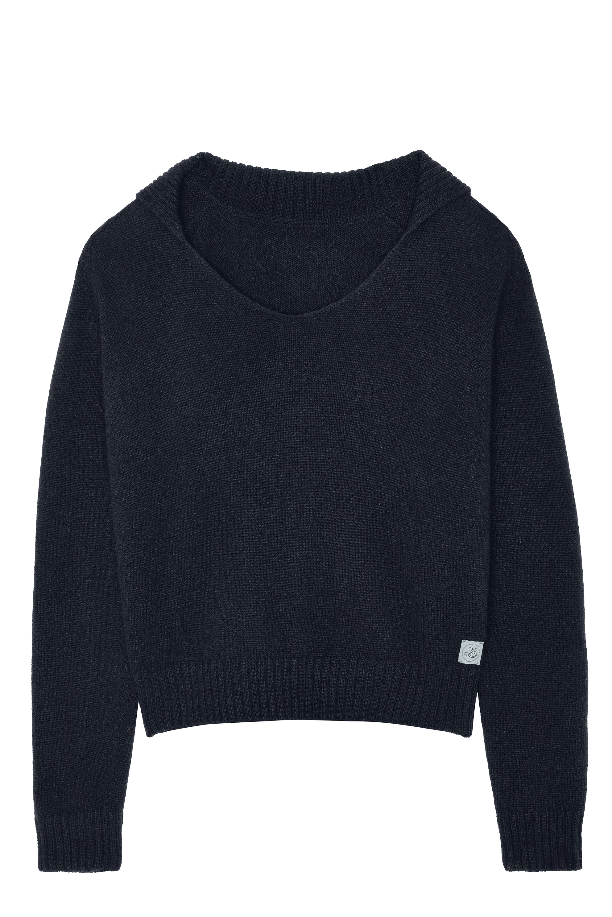 Dark navy unisex cashmere sweater featuring a v-neckline, ribbed collar, loose fitting.