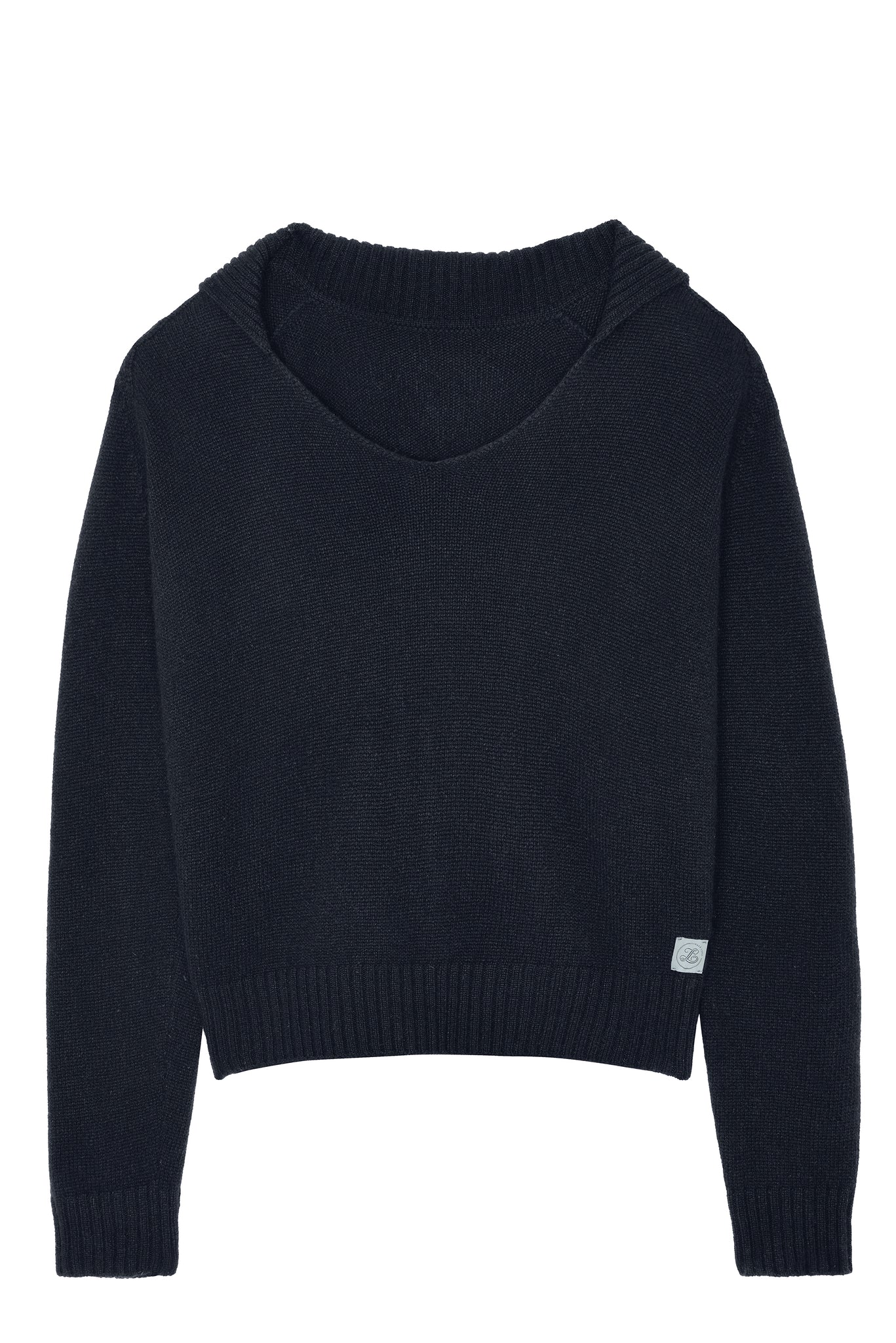 Dark navy unisex cashmere sweater featuring a v-neckline, ribbed collar, loose fitting.