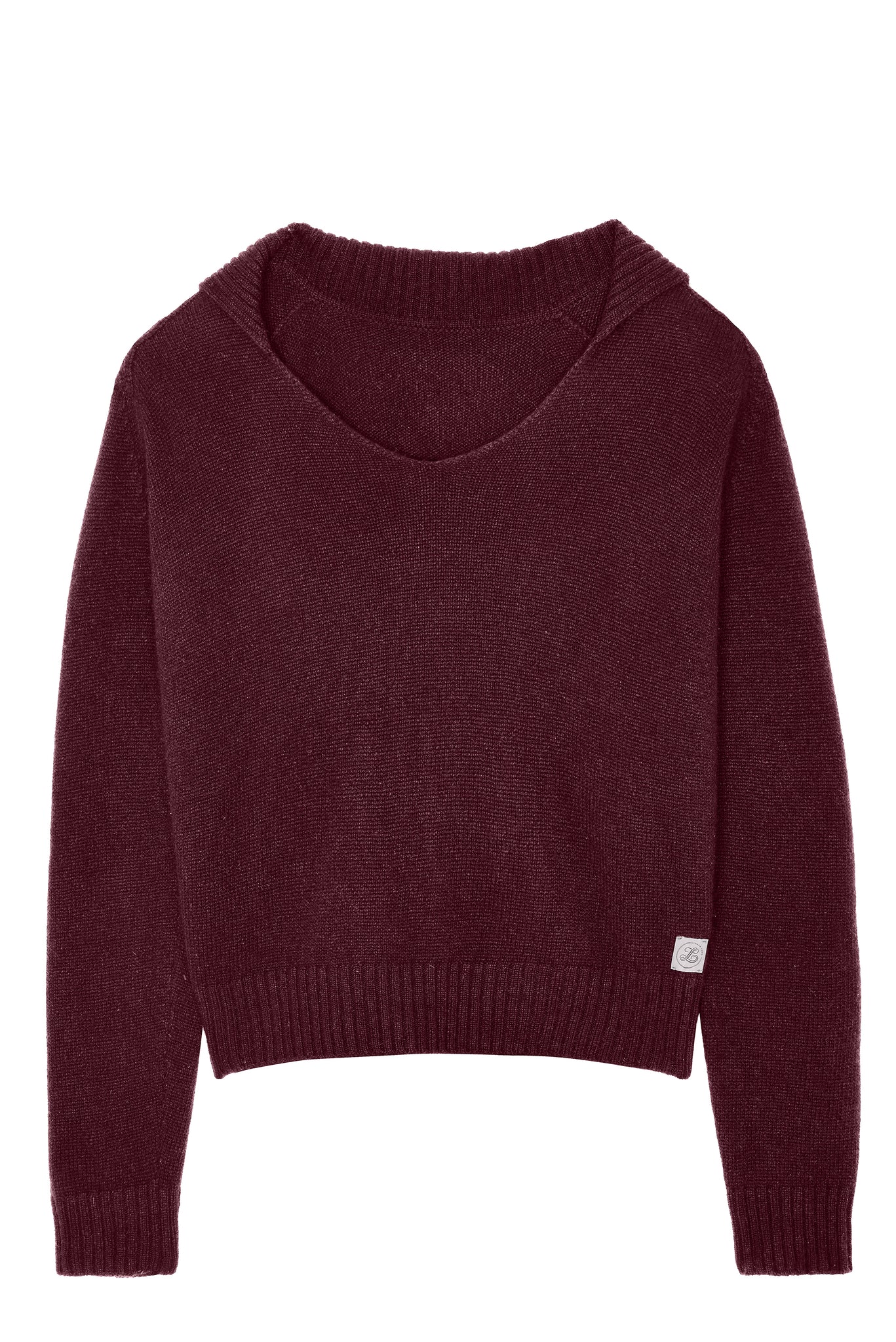 Wine red/bordeaux unisex cashmere sweater featuring a v-neckline, ribbed collar, loose fitting.