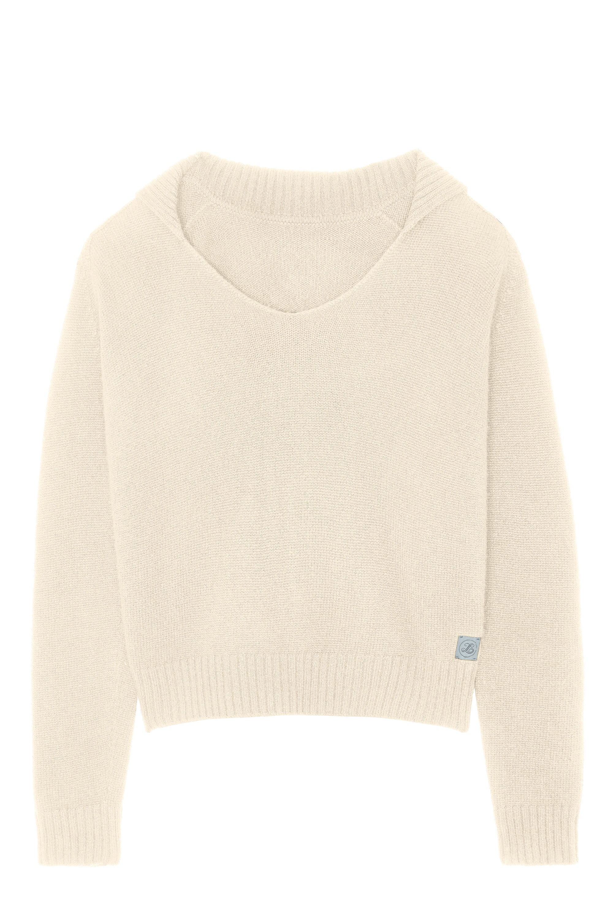 Off- white unisex cashmere sweater featuring a v-neckline, ribbed collar, loose fitting.