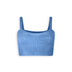 Light blue cashmere crop top with straps.