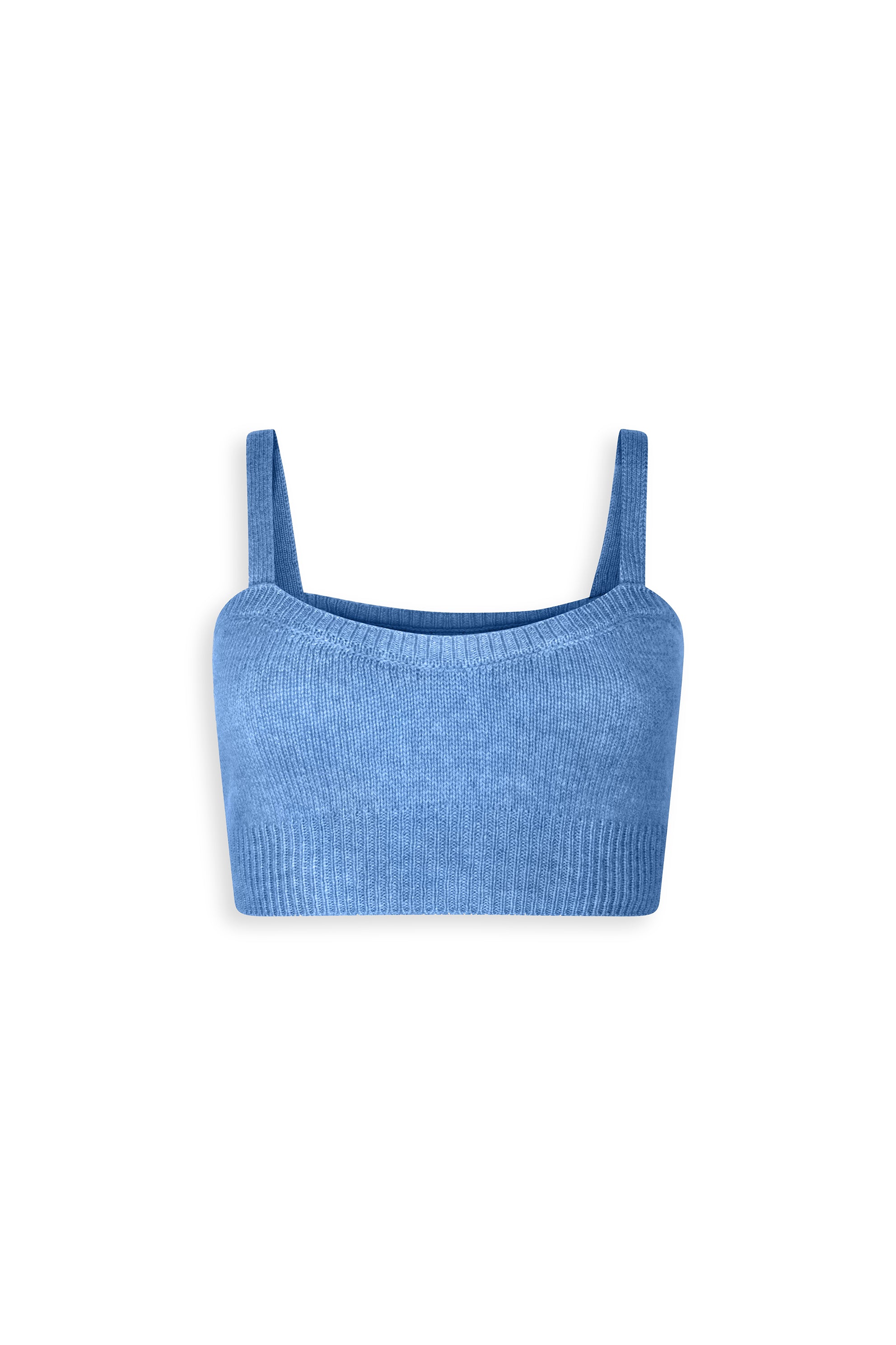 Light blue cashmere crop top with straps.