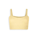 Pastel yellow cashmere crop top with straps.