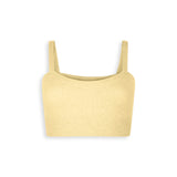 Pastel yellow cashmere crop top with straps.