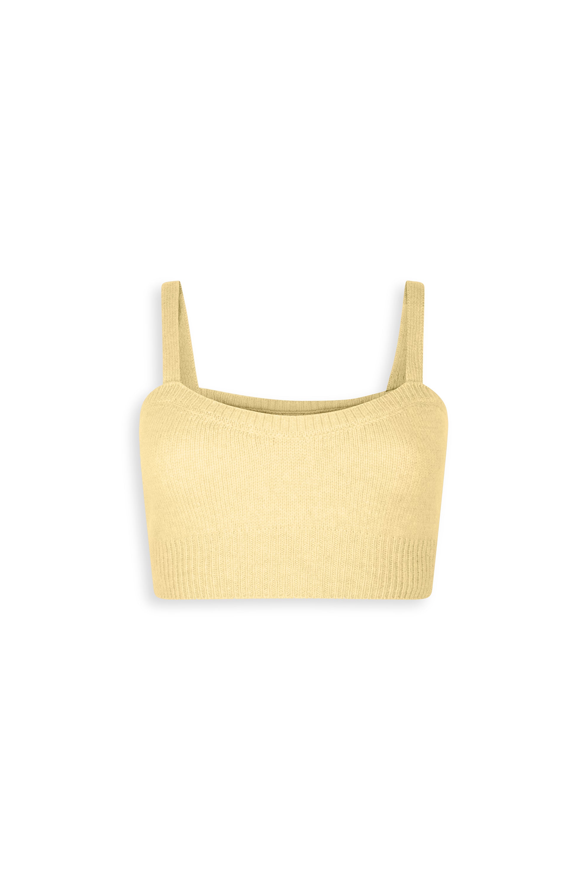 Pastel yellow cashmere crop top with straps.