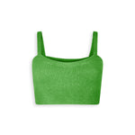 Bright green cashmere crop top with straps. 