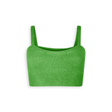 Bright green cashmere crop top with straps. 